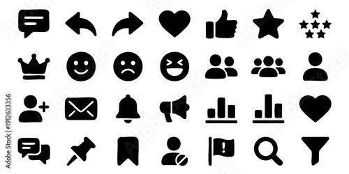 Collection of black icons representing various symbols and actions on a white background