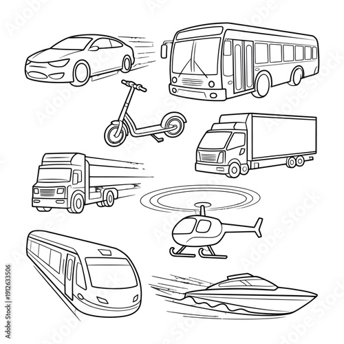 Vehicular Variety: A collection of various vehicles, including a sleek car, spacious bus, nimble scooter, powerful truck, speedy train, dynamic helicopter, and swift boat, all in sleek outline.