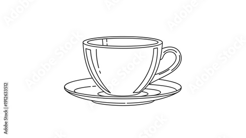 Clean and simple black and white line art illustration of an empty teacup or coffee cup resting on a matching saucer, isolated on white.