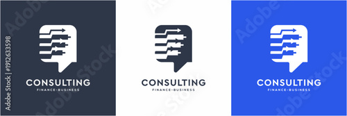 Modern Finance and Business Consulting Logo Template. Vector icon Rise Arrow Bar Chart and Speech Bubble concept.