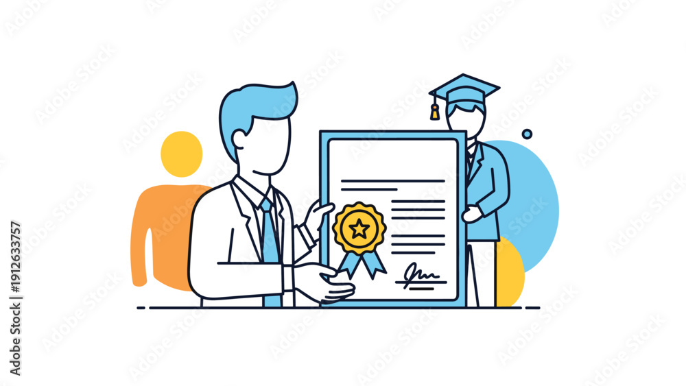Fototapeta premium Line art illustration of a person proudly holding a large diploma with a gold seal, with a graduate in a cap and gown in the background.