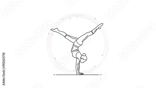 Minimalist line art of a fit person performing a handstand yoga pose with split legs inside a decorative circular frame on a white background.