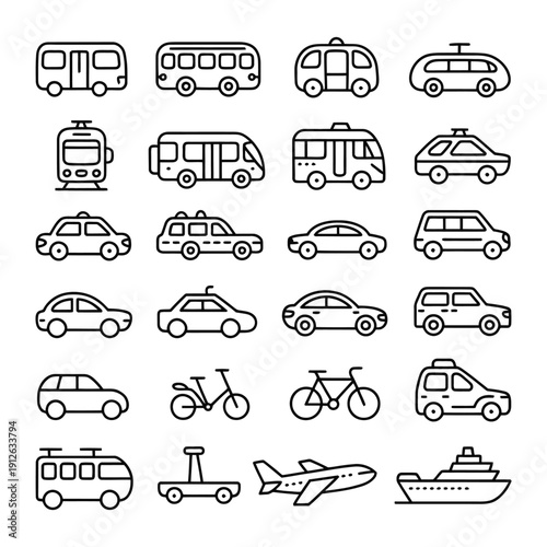 Transportation Collection: A collection of various transportation modes, including buses, cars, bicycles, an airplane and a ship, all displayed in a consistent line art style.