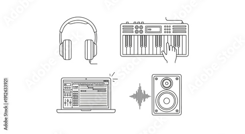 Music Production Equipment Icons: Headphones, Keyboard, Laptop, Speaker