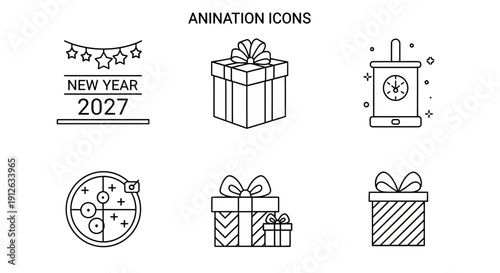 New Year 2027 Animation Icons Set: Gift Boxes, Garland, Clock