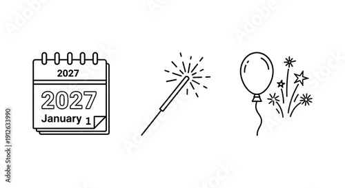 New Year 2027 Calendar, Sparkler, Balloon, Fireworks Icon Set