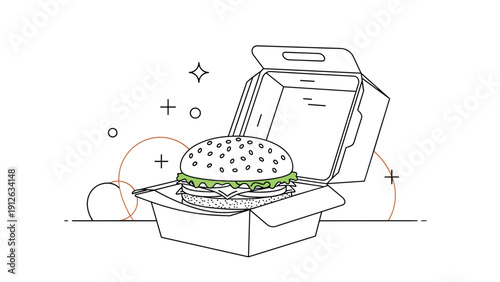 Minimalist line art of a fresh hamburger with lettuce and cheese sitting in an open takeaway box, with simple decorative elements.