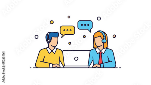 Line art illustration of two customer service agents, a man and a woman with headsets, working together at a laptop with chat bubbles.