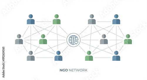 A visual representation of an NGO network with diverse people connected to a central global hub, illustrating collaboration and interconnectedness.