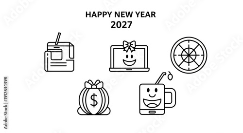 Happy New Year 2027 Icons: Gift, Laptop, Money Bag, Drink, Target