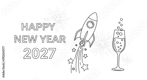 Happy New Year 2027 Rocket Launch Celebration with Champagne Toast and Fireworks