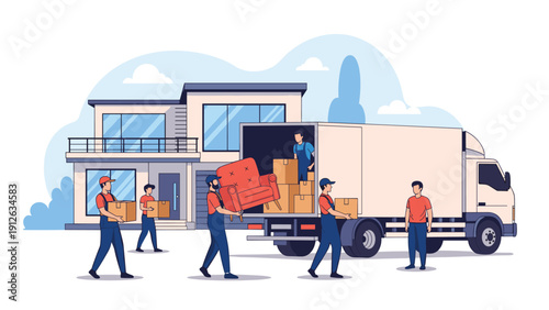 A team of professional movers carrying furniture and boxes from a modern house to load them into a large moving truck for relocation.