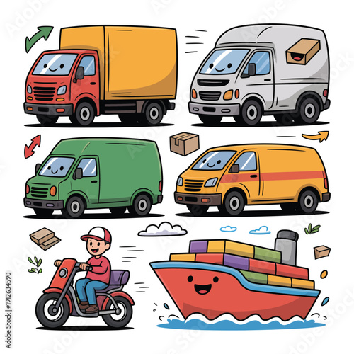 Delivery Fleet: A charming illustration featuring a diverse array of vehicles involved in the crucial delivery process.