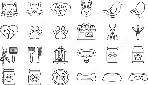 Vector line icon set for pet shop, animal care, grooming, and veterinary, including dog, cat, rabbit, and bird symbols.