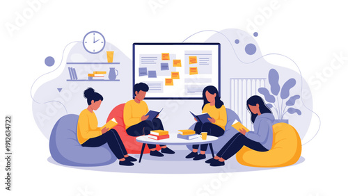 A group of diverse young people sitting on beanbags in a cozy room, reading books together as part of a book club or study group.