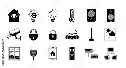 Smart home devices and technology icons.