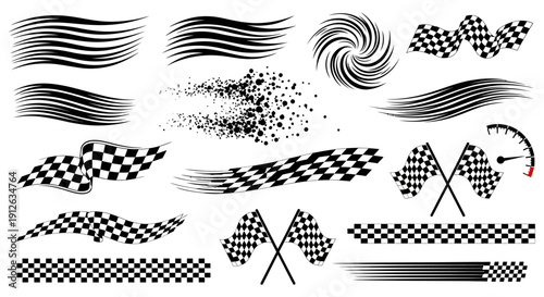 racing graphic elements checkered flags dynamic speed lines and a speedometer ideal for motorsport branding event promotion and digital designs illustrating speed and victory.