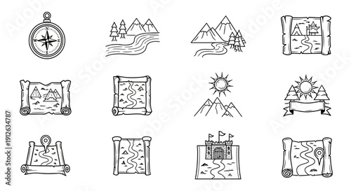 Vintage map icons and compass illustration.