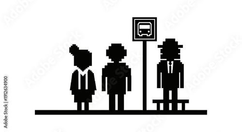 pixelated black silhouettes of diverse commuters patiently waiting at a bus stop a retro 8-bit illustration representing urban public transportation.