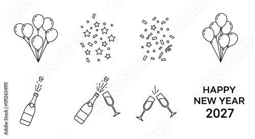 Happy New Year 2027 Celebration Icons: Balloons, Confetti, Champagne, Toasting Glasses