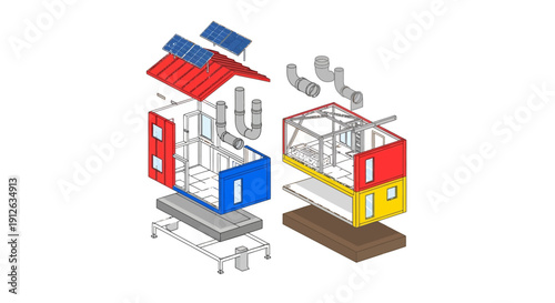 Exploded View of Modular Prefabricated House with Solar Panels and Structural Components. Isometric Engineering Diagram.
