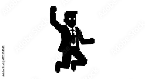 pixelated businessman jumping high celebrating success and achievement. retro digital art style on white perfect business triumph.