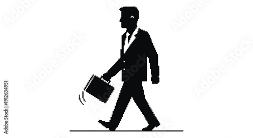 pixelated businessman silhouette walks with briefcase dynamic 8-bit retro style illustrating corporate journey daily commute and digital themes.