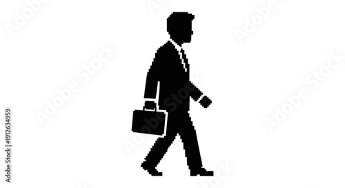 pixelated businessman walking silhouette with a briefcase a retro 8-bit digital art graphic symbolizing corporate professional ambition.
