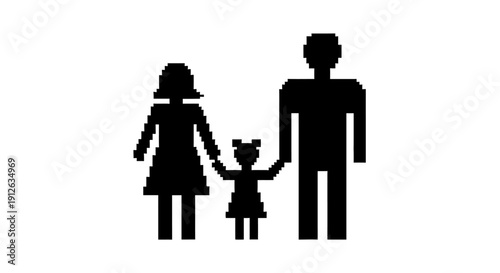 pixelated family silhouette mother father child holding hands iconic 8-bit graphic symbolizing unity parental love and demographics.