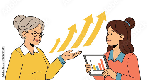 Two Business Women Discuss Financial Growth, Data Analysis, and Mentorship. Successful intergenerational collaboration with chart and upward trending arrows.