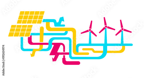 Abstract Renewable Energy Flow Diagram: Solar Panels and Wind Turbines Connected by Bright Pipelines