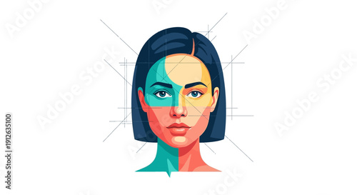 Geometric Human Face Illustration: Modern Female Portrait with Blueprint Construction Lines, Design Structure and Bold Color Mapping
