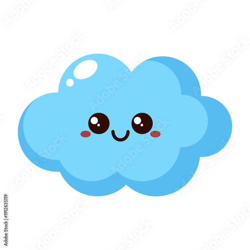 Cute smiling blue cloud cartoon icon isolated on transparent background.
