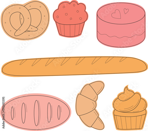 Vector bakery illustration set featuring bread baguette, round loaf, croissant, cupcake with cream, muffin, pretzel and decorated cake. Flat cartoon style with black outline and soft pastel colors. 