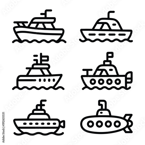 Nautical Collection: A minimalist depiction of diverse maritime vessels, featuring a curated selection of boats and a submarine, set against a pristine backdrop, perfect for design usage. 