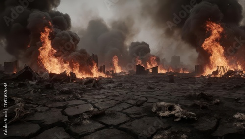 A desolate landscape ravaged by fire and explosions.  Vast, cracked earth is littered with debris and the remnants of buildings consumed by intense flames and thick smoke