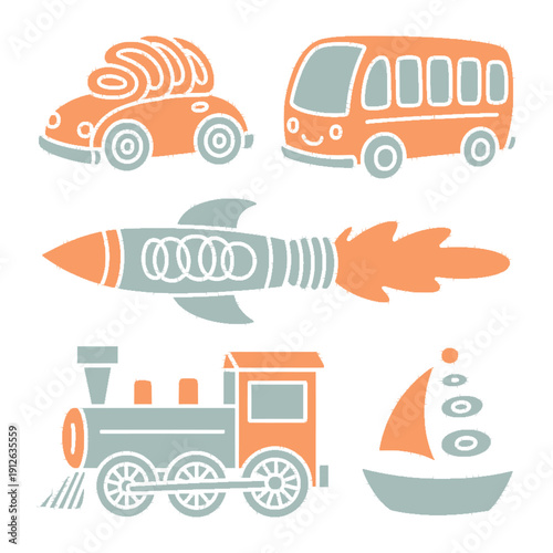 Whimsical Transport Icons: A set of playful illustrations depicting a car, bus, rocket, train, and boat, ideal for adding a touch of charm and creativity to your designs. 