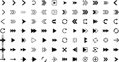 Extensive Collection of Diverse Black and White Arrow Icons, Perfect for Navigation, User Interface, and Web Design Elements