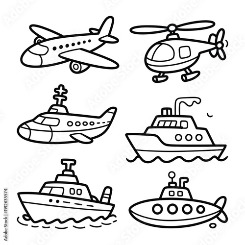 Transportation Collection for children: A cheerful illustration showcasing various modes of transportation in a simple, engaging style. Perfect for educational materials and creative projects.