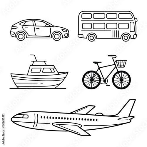 Variety of Transportation: A collection of various vehicles, including a car, bus, boat, bicycle, and airplane, are depicted in a line art style. Showcasing modes of transport.