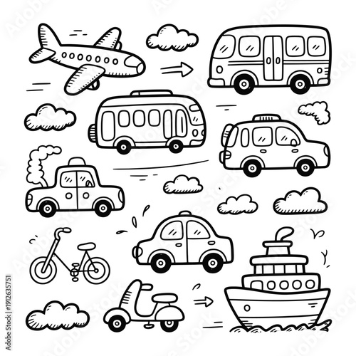 Vehicular Adventure: A vibrant collection of sketched vehicles, each a unique mode of travel, promising exciting journeys and exploration. 