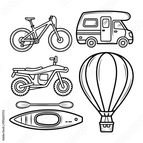 Adventure Bound: A collection of various vehicles and equipment essential for travel and exploration, inviting viewers to embark on a journey of discovery and freedom. 