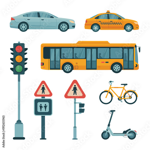 Urban Mobility Collage: A collection of various vehicles and infrastructure elements comes together, illustrating the diverse ways people move within a city. 