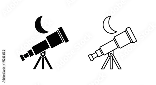 Vector icon set featuring a black solid and outline telescope on a tripod, observing a crescent moon, isolated on transparent background for astronomy apps.
