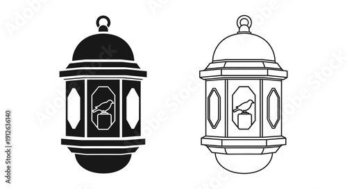 Black and white vector illustration of a traditional Arabic lantern, featuring intricate geometric cutouts and a hanging loop, isolated on a transparent background.