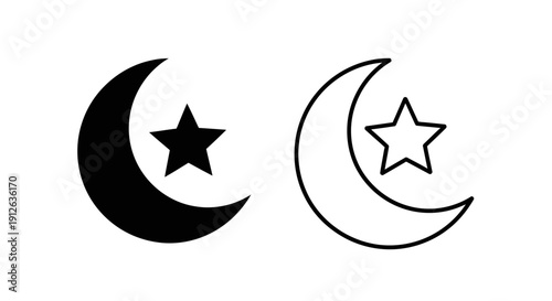 Vector crescent moon and star icon set, one solid black and one outline, isolated on transparent background for UI design.