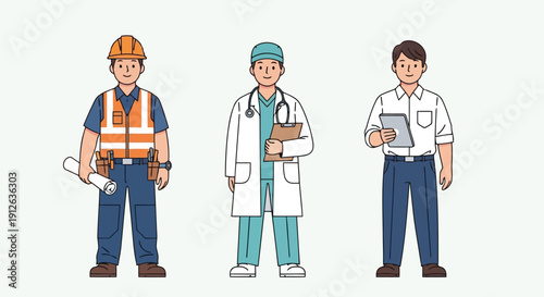 Construction worker doctor and businessman with tablets and blueprints standing side by side