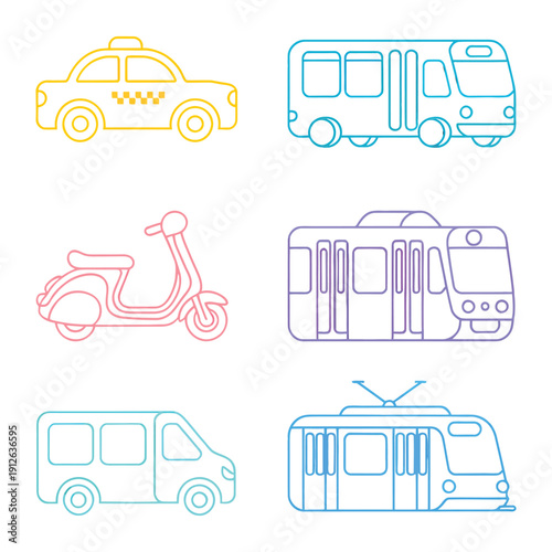 Urban Transportation Collection: A vibrant collection showcases an array of modern transport vehicles, perfect for illustrating diverse commuting and travel concepts. 