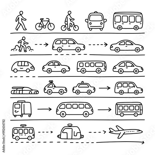 Transportation and Mobility Sketch: Simple, line-art sketches display a variety of transport modes in motion, conveying movement and the concept of getting from point A to point B.