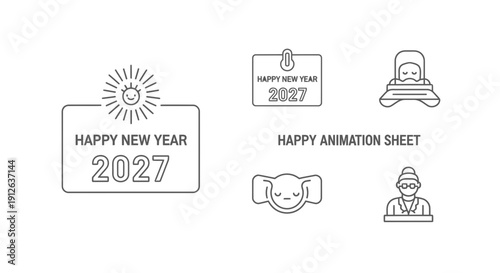 Happy New Year 2027 Animation Sheet Icons: Sun, Calendar, Sleeping Person, Mask, Doctor
